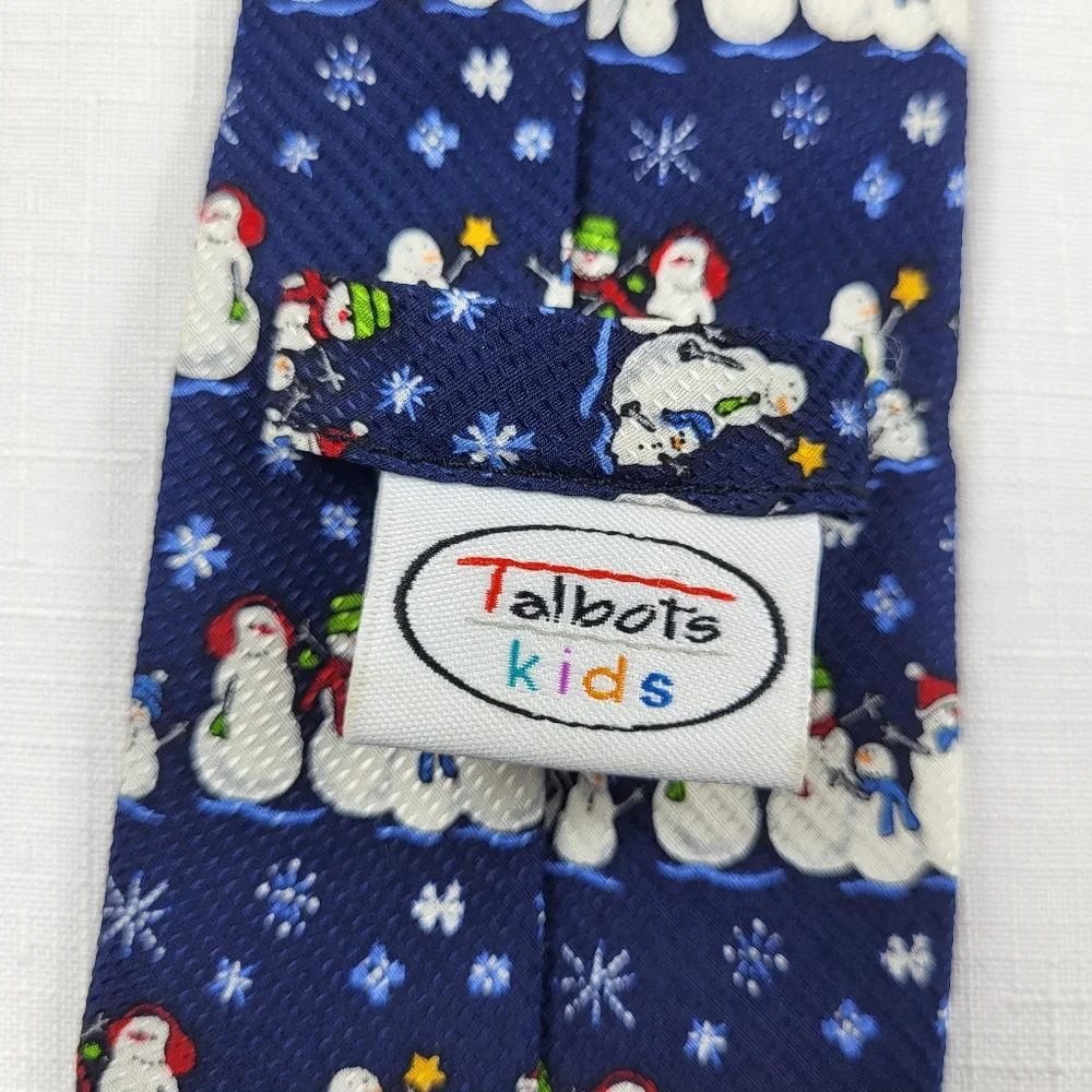 Talbots Kids Snowman NECKTIE TIE Boys Silk Blue White Christmas Holiday Winter